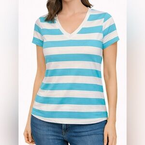 Merona Aqua Blue and White Striped V-Neck Tee Size M